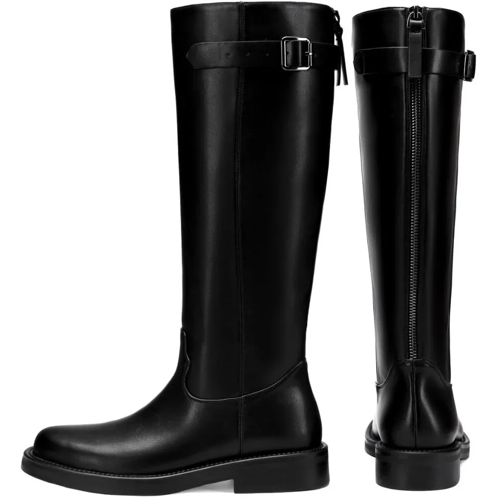 Women's Black Chunky Square Toe Tall Boots Low Heel Zipper Knee High Boots